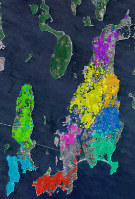 Color coded territories of 10 of the coyote packs on Conanicut and Aquidneck Islands